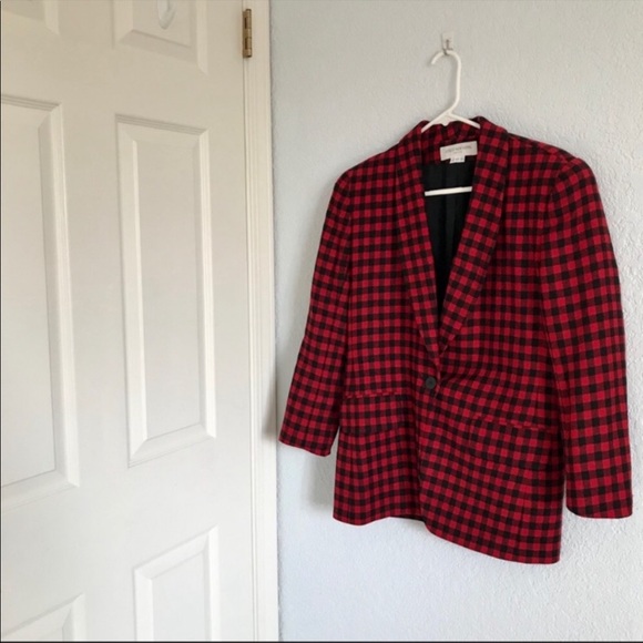 🌲 Vintage Wool Red & Black Check / Plaid Blazer - Picture 5 of 13